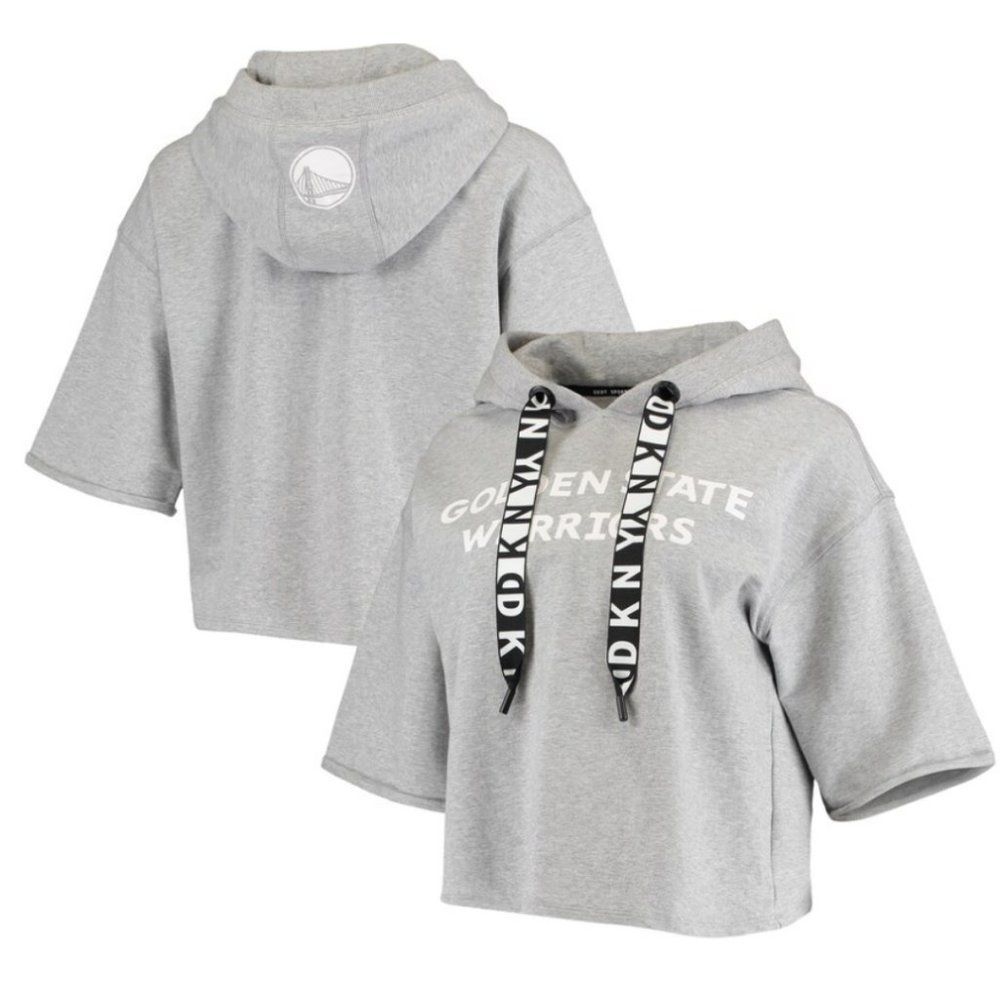 Golden State Warriors DKNY Sport Gray Emma Cropped 1/2  Sleeve Pullover Hoodie